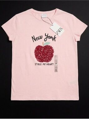 Zara Kids Pink Tee with Red Sequin Apple Graphic